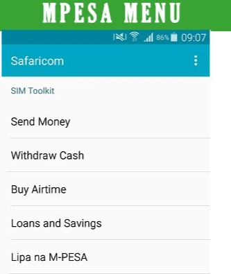 M-Pesa send money menu on a phone screen showing Safaricom transfer to registered users
