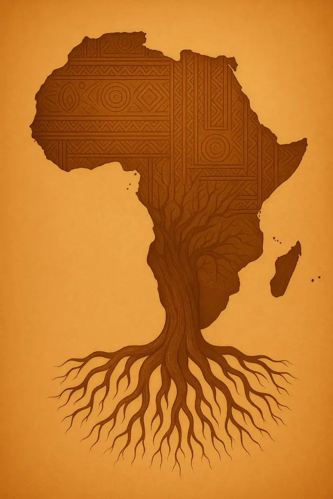 Artistic map of Africa with tribal patterns inside the continent’s shape, transforming into tree roots at the south, symbolizing deep cultural heritage and ancestral connection.